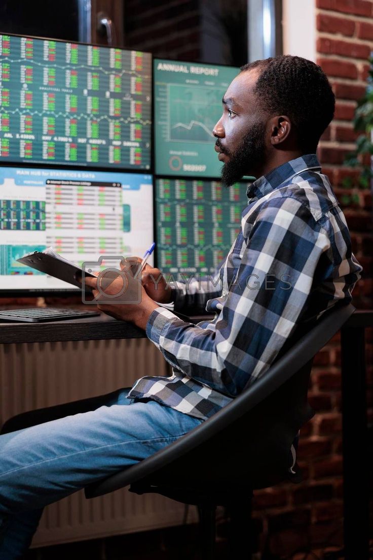 Real time financial data analyst sitting at multi monitor workstation while predicting market trend_ by DCStudio Vectors & Illustrations with Unlimited Downloads - Yayimages